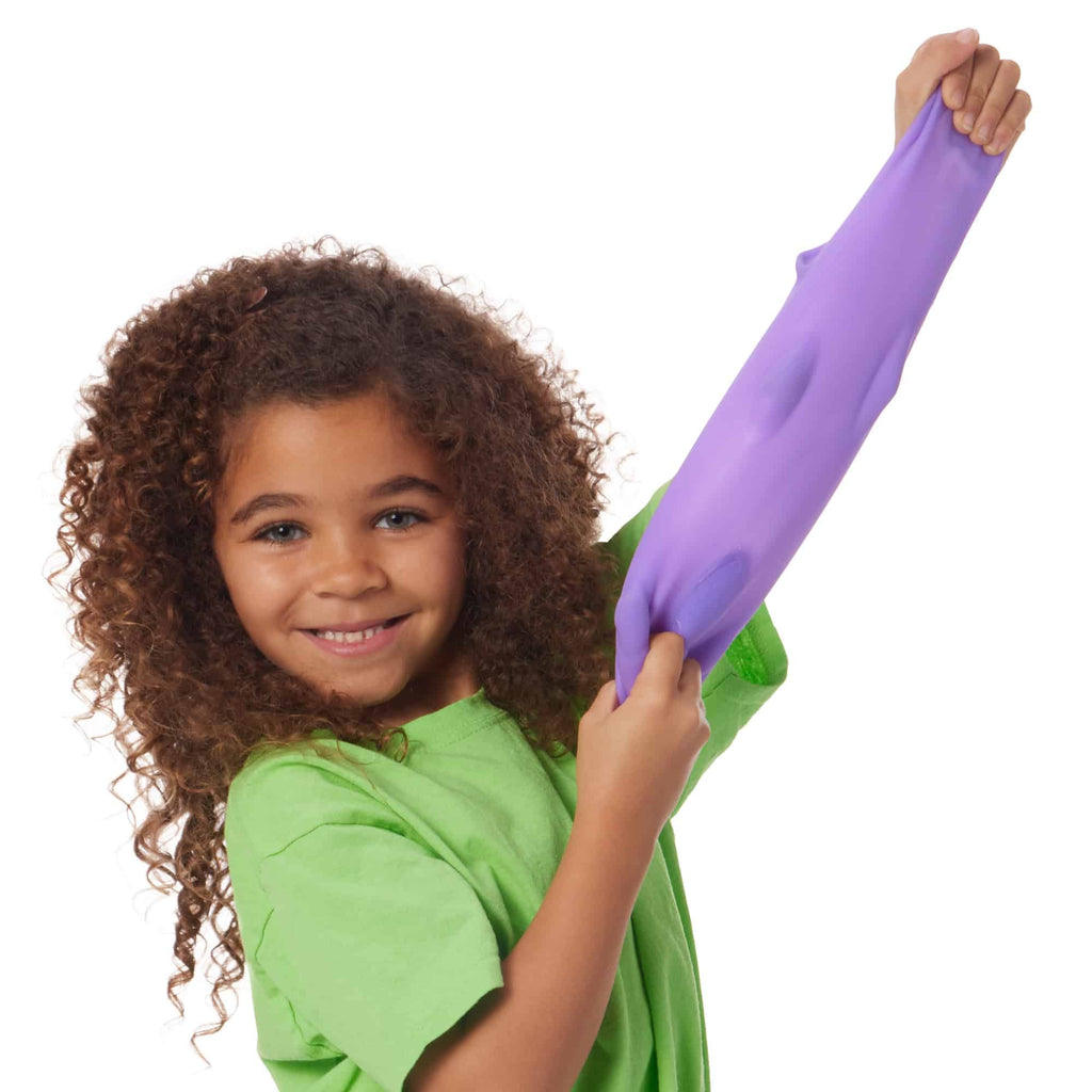 NeeDoh Super Cool Cats S3 - Lifestyle with girl stretching purple Super Cool Cat