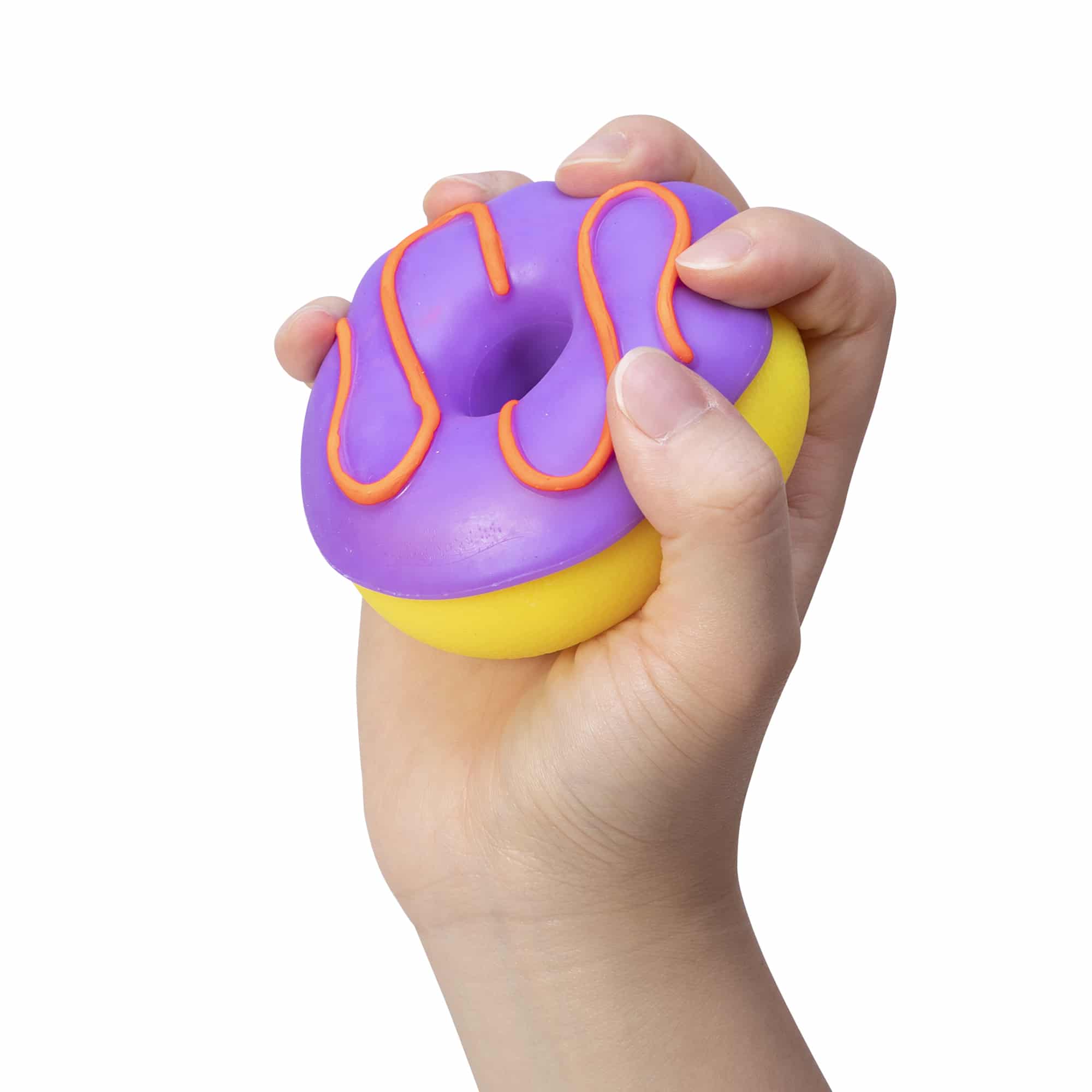 NeeDoh Dohnuts V7 Yellow with Purple Frosting and Orange Icing in Hand