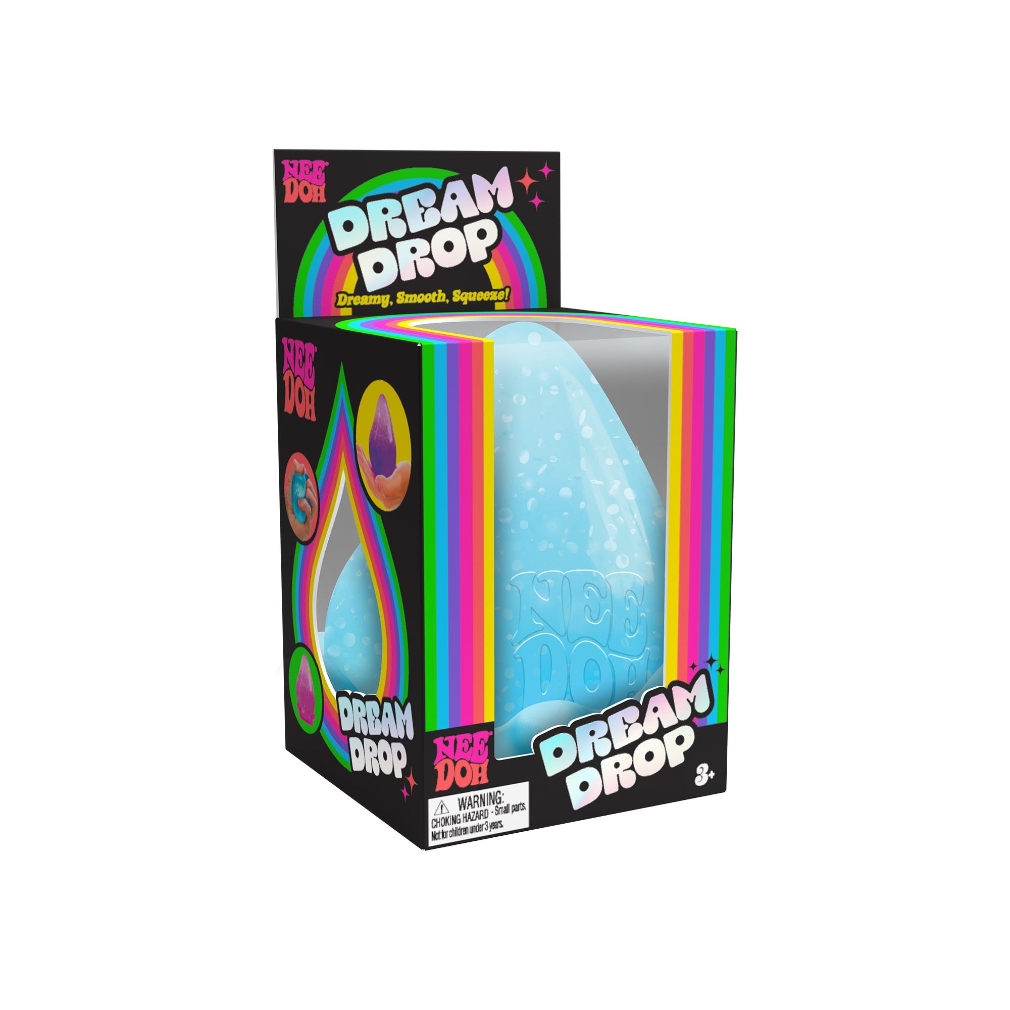 A NeeDoh Dream Drop U0 in its packaging. The packaging is primarily black with rainbow-colored accents and text that reads "Dream Drop U0" and "NeeDoh". The toy inside is a blue, drop-shaped, squeezable item. Suitable for ages 3 and up.