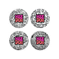 Four different black-and-white patterned NeeDoh Press-Doh C7 sensory squish balls. Patterns include mushrooms, smiley faces, flowers, and stars. Text on each reads "NeeDoh".