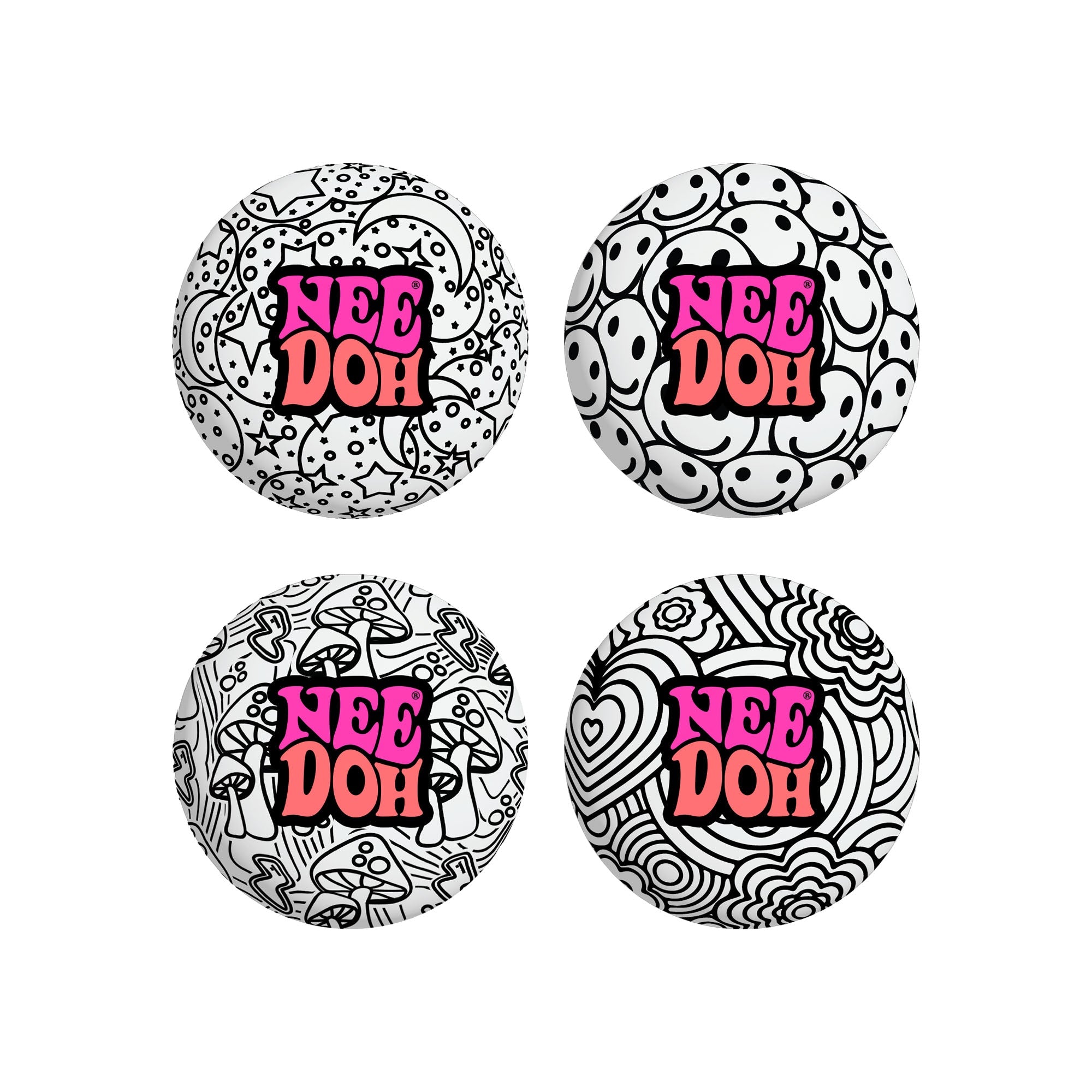 Four different black-and-white patterned NeeDoh Press-Doh C7 sensory squish balls. Patterns include mushrooms, smiley faces, flowers, and stars. Text on each reads "NeeDoh".