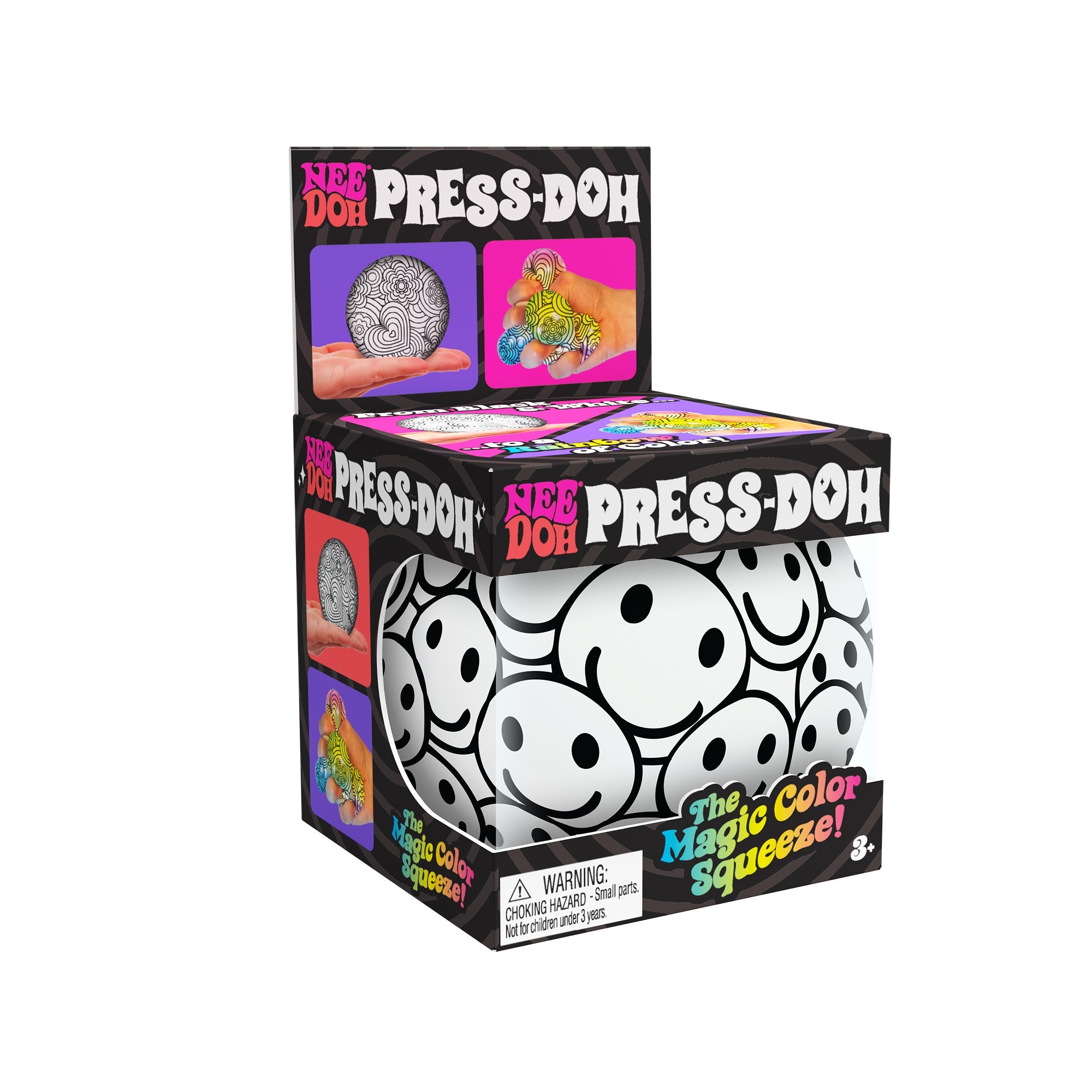 Packaging of the NeeDoh Press-Doh C7 with vibrant text and images. It features the tagline, "The Magic Color Squeeze!" A warning about the choking hazard for small parts is visible at the bottom. Suitable for ages 3+.