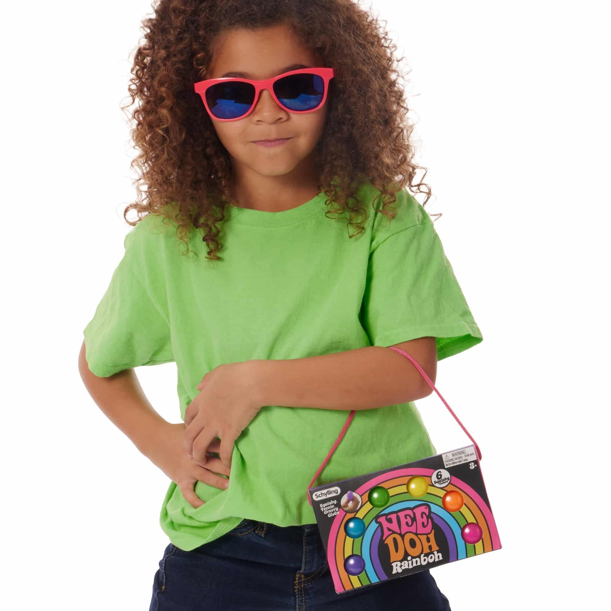 Girl wearing neon sunglasses with NeeDoh Rainboh Q3 package hanging off her arm
